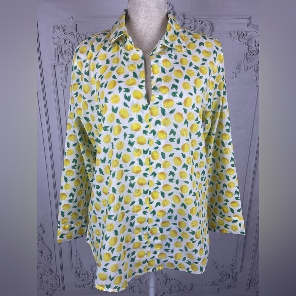 Casual V-Neck Cuffed Long Sleeves Cotton Blouse A-Line Lemon Print - Picture 2 of 11
